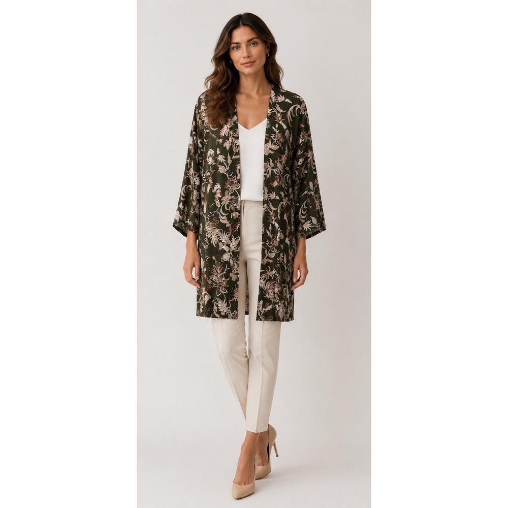 LOFT Kimono Jacket Women XS Olive Green NWT Floral Open‎ Front Duster Preppy